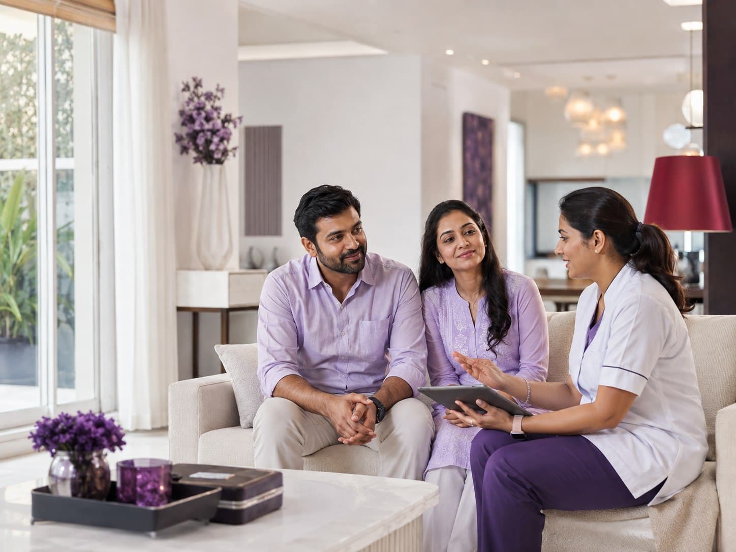 Dental professional discussing next steps with a patient and family member at home